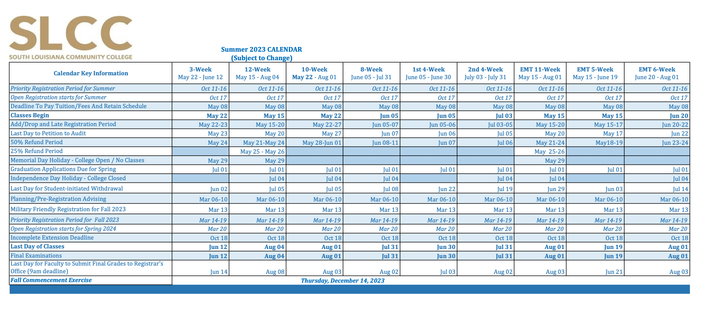 Academic Calendar South Louisiana Community College Modern Campus